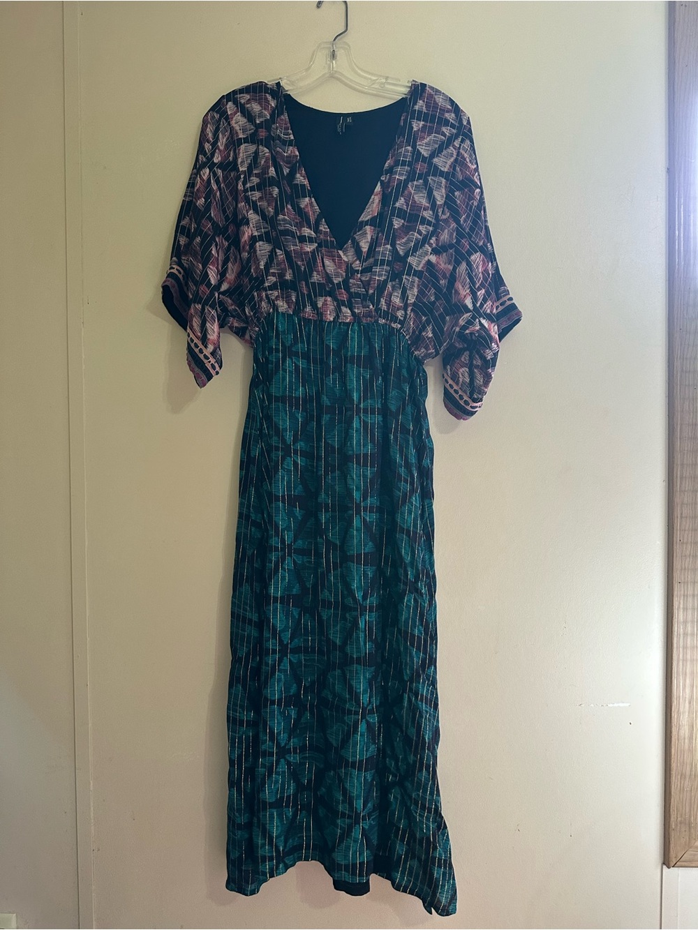 Mixed-Print V-Neck Maxi Dress in Teal and Pink